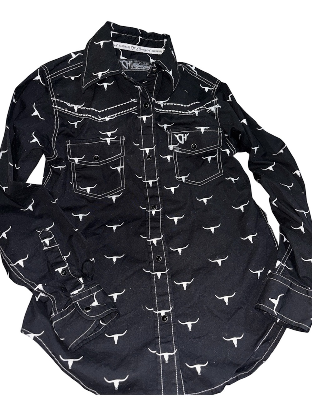 Cowgirl Hardware Girl's Black Branding Iron Print Long Sleeve Western Snap Shirt